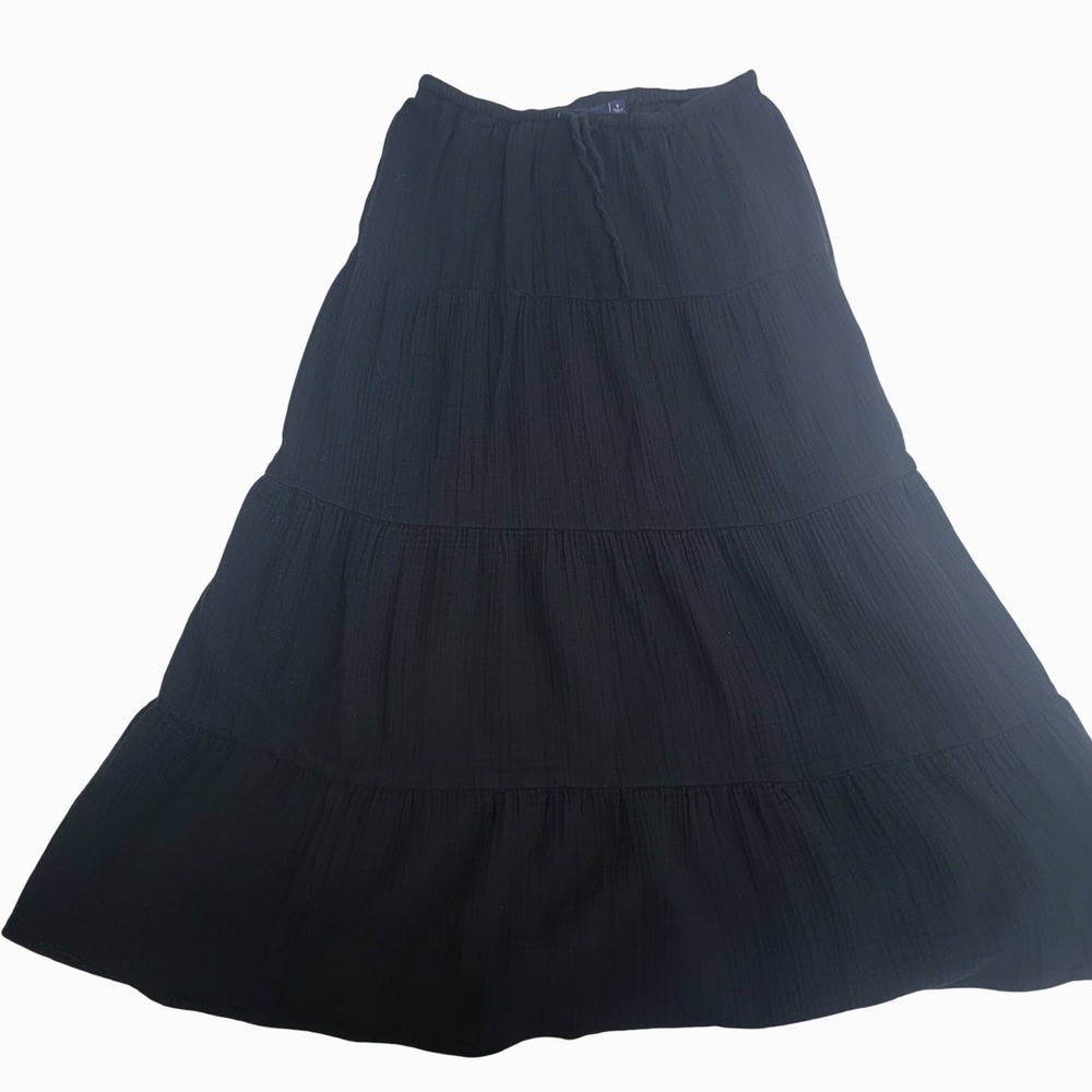 GAP Women True Black Gauze Tiered Maxi Skirt Cotton Elastic Waist Small G717436F